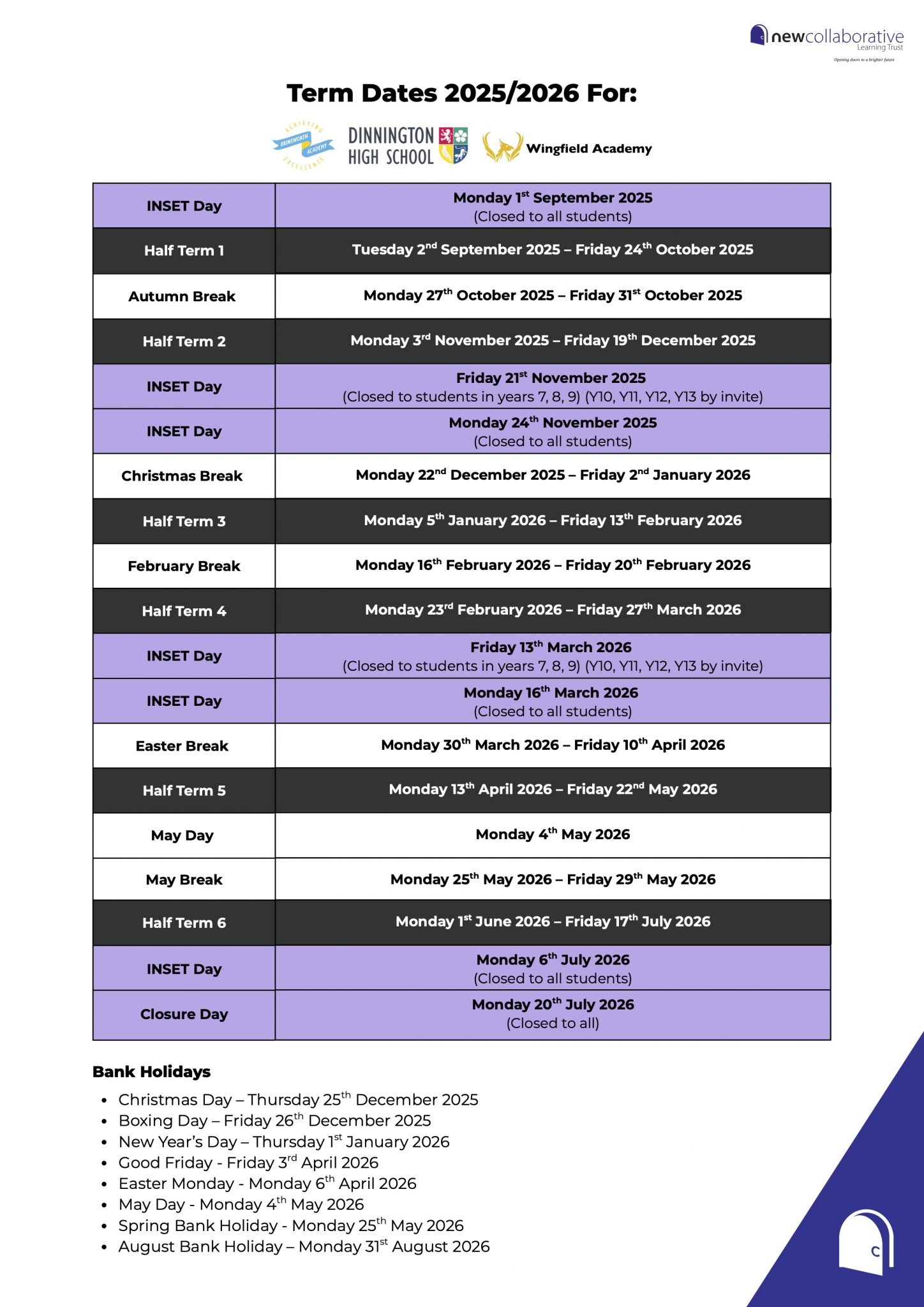 Term Dates : Dinnington High School